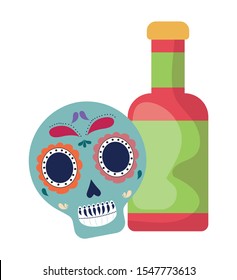 skull with bottle tequila mexican icons vector illustration design