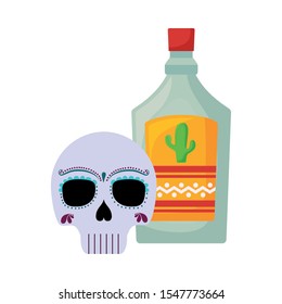 skull with bottle tequila mexican icons vector illustration design