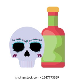 skull with bottle tequila mexican icons vector illustration design