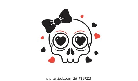 Caveira com arco e amor corações ilustração para imprimir on demand t-shirts