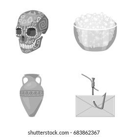 Skull, bowl of cottage cheese and other monochrome icon in cartoon style. amphora, post on the hook icons in set collection.