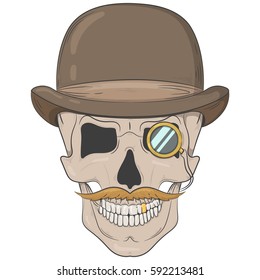 Skull in a bowler hat. gentleman skull with a monocle. Vector print