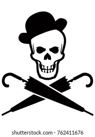 Skull with bowler hat and umbrellas