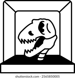 A skull is in a box. The skull is black and white