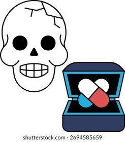 A skull and a box of pills. The skull is smiling and the box of pills is open