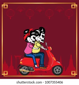 Skull boy with girl riding modern scooter, vector illustration.