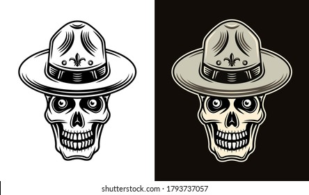 Skull of boy scout in hat two styles black on white and colorful on dark background vector illustration