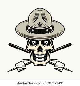 Skull of boy scout in hat and two crossed marshmallow on stick vector colorful illustration