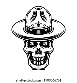 Skull of boy scout in hat vector illustration in monochrome vintage style isolated on white background