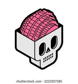 Skull with brain isometric style icon. Cranium with brains Vector illustration