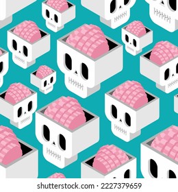 Skull with brain pattern seamless isometric style icon. Cranium with brains background. cartoon Ornament of kids fabric
