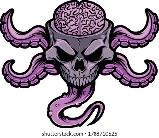 Skull Brain with Tentacles Vector Illustration