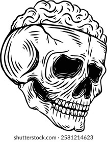 Skull with brain. Vector illustration. Monochrome hand drawn style