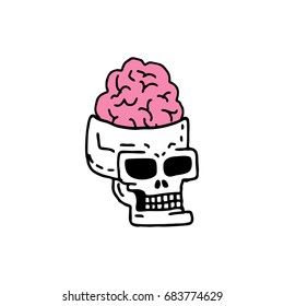 Skull with brains drawning. head of skeleton with convolutions of cartoon style