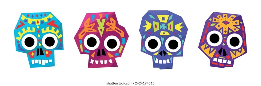 Skull with Bright Mexican Floral Ornament and Pattern Vector Set