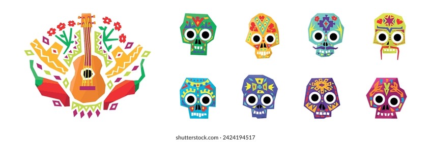 Skull with Bright Mexican Floral Ornament and Pattern Vector Set