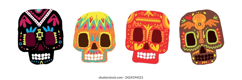 Skull with Bright Mexican Floral Ornament and Pattern Vector Set