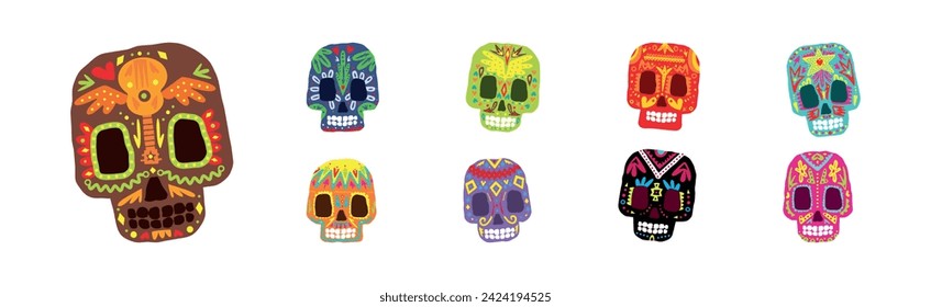 Skull with Bright Mexican Floral Ornament and Pattern Vector Set