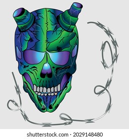 skull with broken horns in barbed wire