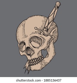 cráneo con vector de esbozo de cuchillo roto