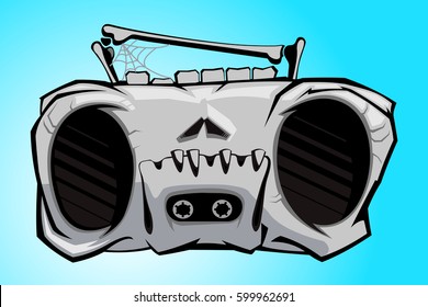 Skull of broken tape recorder cartoon illustration in gray color