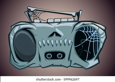 Skull of broken tape recorder vector illustration