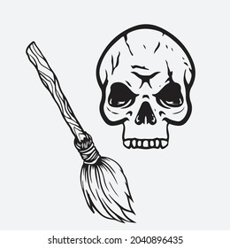 Skull and broom illustration. Creative design.