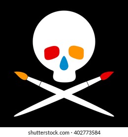 Skull with brushes. Silhouette of skull and brushes. Multicolored eye socket. Yellow red and blue. Vector illustration