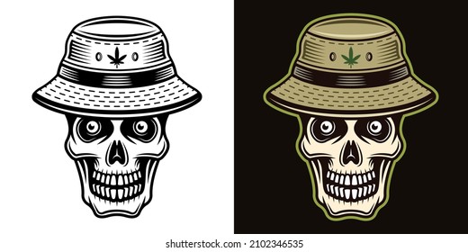Calavera en sombrero de cubo con ilustración vectorial de hoja de marihuana en dos estilos negro sobre blanco y colorido sobre fondo oscuro