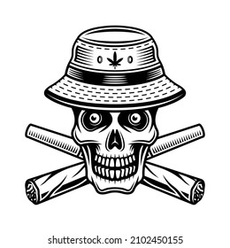 Calavera con sombrero de balde y dos juntas de maleza cruzadas. Ilustración vectorial en el estilo monocromático vintage aislado en el fondo blanco