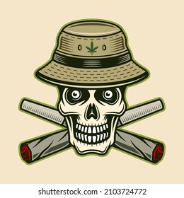 Skull in bucket hat and two crossed weed joints. Vector illustration in vintage colorful style on light background