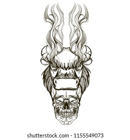 Skull in a buffalo mask. Outline vector illustration isolated on white background for tattoos, posters, printing on T-shirts and other items.