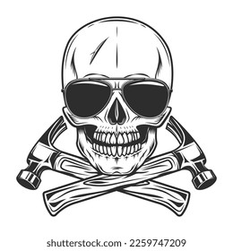 Skull with builder construction hammer tools and sunglasses accessory to protect eyes from bright sunvintage isolated vector illustration