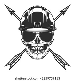 Skull in builder construction helmet hardhat concept with hunting arrow and sunglasses accessory to protect eyes from bright sun vintage isolated vector illustration