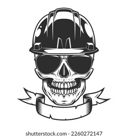 Skull in builder construction helmet hardhat concept with ribbon and sunglasses accessory to protect eyes from bright sun vintage isolated vector illustration