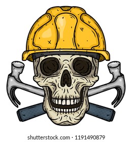 Skull Builder. Skull in helmet with two crossed hammers. Worker's skull. 