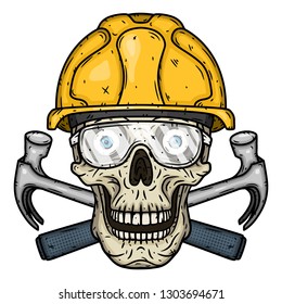 Skull Builder. Skull in helmet with two crossed hammers. Worker's skull. 