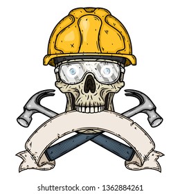 Skull Builder. Skull in helmet with two crossed hammers and ribbon for your text. Worker's skull. 