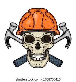 Skull Builder. Skull in orange helmet with two crossed hammers. Worker's skull. 