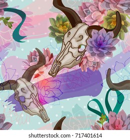 The skull of a bull. Boho style. Succulents. Seamless background. Vector.
