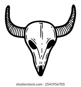 Skull of bull hand drawn doodle. Skeleton of animal buffalo. Symbol wild west. Head bones with horns. Life of cowboys. Western. Vector line art illustration.