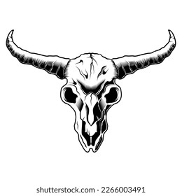 Skull Bull Head Black And White Drawing Longhorn artistic vector illustration