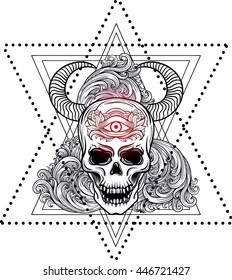 Skull with bull horns, feathers and third eye. Sacred geometry, Alchemy, religion, philosophy, spirituality. Dotwork blackwork hipster style tattoo.Vector artwork.