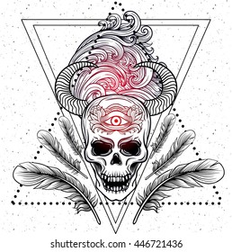 Skull with bull horns, feathers and third eye. Sacred geometry, Alchemy, religion, philosophy, spirituality. Dotwork blackwork hipster style tattoo.Vector artwork.