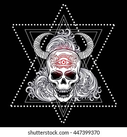 Skull with bull horns, feathers and third eye. Sacred geometry, Alchemy, religion, philosophy, spirituality. Dotwork blackwork hipster style tattoo.Vector artwork.