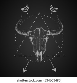 Skull of bull with horns.Vector vintage label.Retro design.Isolated on black background.Vector