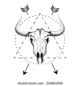 Skull of bull with horns.Vintage label.Retro design