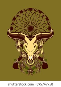 skull of a bull with long horns in the background Dream catcher and shamanism attributes