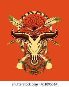 skull of a bull with long horns in the background Dream catcher and shamanism attributes