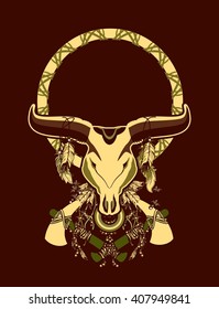 skull of a bull with long horns in the background Dream catcher and shamanism attributes